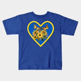 Golden Sunflowers and Butterflies in Sapphire Blue and Yellow Heart Kids T-Shirt